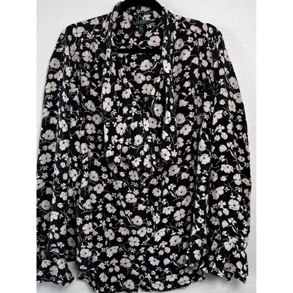 Lauren Ralph Lauren Silk Blouse 22W Black White Floral Ruffle Sleeve Plus Size